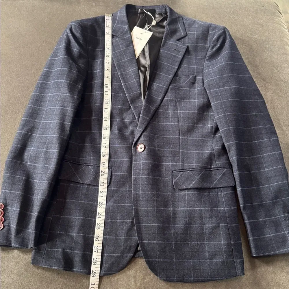 Men’s Dark Blue Plaid 3 Piece Formal Business Suit Jacket 34 Pants 32 NWT